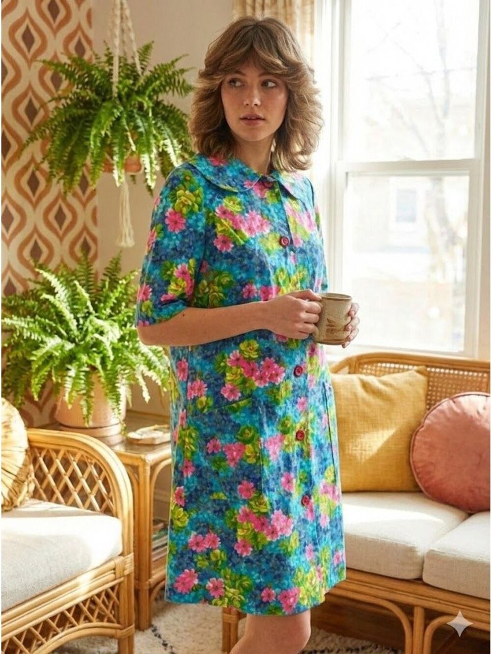 Vintage 1970s Granny Chic Floral Midi Dress Boho Button Up House Coat Small